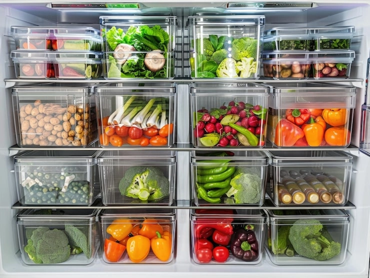 organized refrigerator with various vegetables and fruits in transparent containers