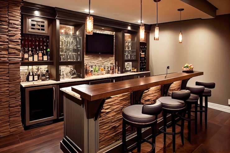 A Commercial Fridge for Home Use: Build Your Personal Home Bar or Enhance Drink Storage插图 home bar with wooden counter stools pendant lights and various liquor bottles in a cozy setting