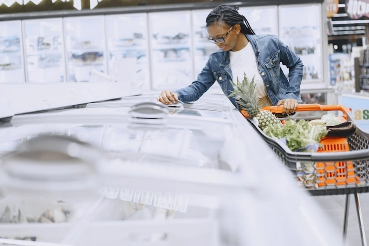 Island Freezers: How to Boost Supermarket Sales with Superior Visibility and Convenience插图 woman shopping in supermarket opening freezer with grocery cart full of produce
