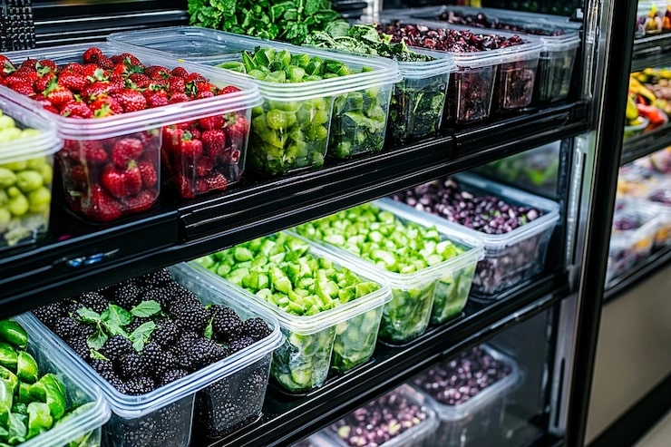 Refrigerated display case stocked with pre-packaged fresh produce