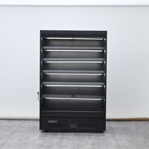 Commercial multideck open air curtain produce chiller with laminar airflow for supermarket fruits and vegetables.