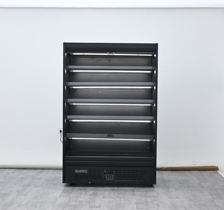 Commercial multideck open air curtain produce chiller with laminar airflow for supermarket fruits and vegetables.