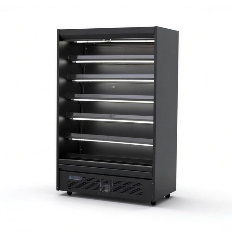 Commercial plug-in open air curtain multideck chiller with Secop compressor and auto-defrost for supermarkets.