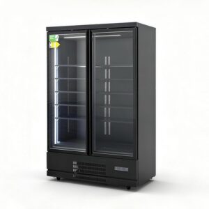 Commercial plug-in glass door display cooler with forced-air cooling and heated Low-E glass for supermarkets.