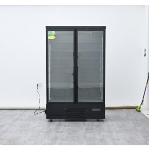 Commercial 2-door LC glass door beverage cooler with ultra-narrow frame and heated Low-E glass.