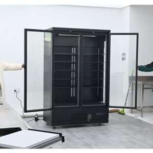 Commercial plug-in glass door display cooler with forced-air cooling and heated Low-E glass for supermarkets.