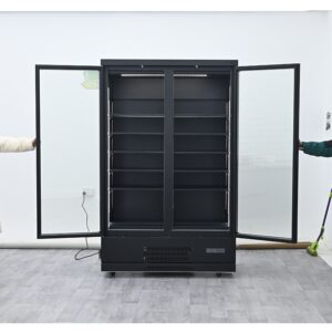 Commercial remote LC glass door display refrigerator with heated Low-E glass for supermarket beverage merchandising.