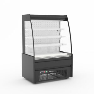 Commercial plug-in half-height open air curtain chiller with Secop compressor for grab-and-go store drinks.