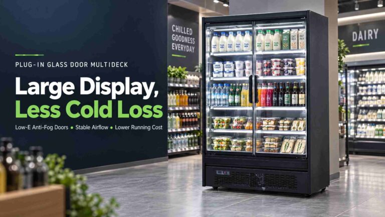 Plug-In Glass Door Multideck Display Chiller: Large Display Capacity with Measurable Cold-Loss Control Open multideck cases are excellent at showing a wide product range, but they also expose the store to a constant refrigeration load. Cold air spills into the aisle, warm humid air enters the display and the compressor may run for long periods just to hold the top shelf. Customers sometimes describe the result as a cold aisle, while the energy meter describes it as unnecessary air exchange. The Plug-In Glass Door Multideck Display Chiller addresses that compromise by combining a tall multideck display volume with self-closing insulated glass doors. The operator keeps the vertical capacity and product visibility of a large display case while reducing the amount of cold air released into the sales floor. For supermarkets, premium food stores and convenience chains, the value should be measured in operating data rather than in a product photograph. Compare the cabinet’s compressor run time, average current, recovery after door opening, internal temperature spread, defrost load and overnight consumption against the open case it replaces. Under comparable ambient conditions and trading hours, a reduction of roughly 35%–45% in compressor electricity use may be achievable in some conversions, but the result depends on cabinet size, door discipline, loading, night operation, room temperature and the condition of the original equipment. createrefrigeration builds this type of cabinet around Low-E anti-fog glass, controlled air distribution, efficient integrated refrigeration and serviceable door hardware. The source-factory approach also allows the buyer to specify voltage, shelf loading, door count, lighting, refrigerant and cabinet length before production. Closing the Aisle Without Losing Impulse Sales A conventional supermarket open refrigerator has a strong selling advantage: the shopper can reach the product immediately. It also has a permanent opening between the refrigerated space and the store. In a busy beverage aisle, customers may approach the same case hundreds of times in an hour. Every approach disturbs the cold-air sheet, and every ceiling draft can push part of that air into the walkway. The customer feels the effect as the “cold aisle syndrome.” Cold air settles around the lower legs, while warm room air moves into the upper display. Staff may respond by reducing the setpoint, which can overcool the bottom shelves without fixing the warm top shelf. The compressor runs harder, the product temperature pattern becomes less even and the electricity bill rises. Converting that case to a supermarket vertical showcase fridge with narrow-frame self-closing glass doors changes the air balance. The doors create a physical barrier, and the magnetic gaskets limit uncontrolled exchange. The shopper still sees multiple shelves of beer, milk, yoghurt and packaged chilled food, but the case no longer relies on a cold-air curtain alone to hold the product zone. This is especially useful when the store displays fruits and vegetables in supermarket format alongside dairy and grab-and-go products. Cut fruit and packaged salad remain visible, while the closed front reduces exposure to dry room air and aisle drafts. The product still needs correct temperature, suitable humidity and responsible shelf loading. A glass door is not a substitute for product discipline. The change can also improve customer comfort. A shopper is more likely to pause in front of a display when the aisle does not feel like a stream of cold air. That extra pause gives the customer time to compare flavours, pack sizes and prices. The door adds one movement, so the handle, hinge and closing action must be easy to use. For an early energy review and cabinet replacement plan, technical information can be requested through www.createrefrigeration.com. Ask the supplier to compare the old and proposed units under the same opening schedule, ambient condition and product load. Anti-Fog Low-E Doors & Precision Air Ducting The door system has to do more than look clear in a showroom. In a humid summer or rainy season, ordinary glass can fog around the perimeter and make the product difficult to read. Double-glazed Low-E tempered glass reduces heat transfer through the front and limits radiant heat exchange with the sales floor. A controlled anti-condensation heater in the door frame helps keep the edge clear when the store’s humidity rises. The heater should be sized and controlled rather than left permanently at maximum output. Excessive frame heating increases electrical load, while insufficient heating allows fog to form along the gasket line. Buyers should ask for the glass build-up, Low-E specification, frame heater arrangement, controller logic and ambient test condition. The door gasket needs even compression. Close a sheet of paper at the top, centre and bottom of the door, then repeat on the hinge side and handle side. Similar resistance around the perimeter is a useful field check. A loose corner admits warm humid air continuously and can create condensation, frost and longer compressor operation. Inside the cabinet, the top air outlet and rear perforated duct work together. The top discharge supplies cooled air, while the rear air path distributes it down the product zone and returns it to the evaporator. With five heavy-duty adjustable shelves loaded within the approved depth, the cabinet should be tested for a controlled temperature spread rather than judged by one sensor reading. A target of approximately ±1°C across the main product zone may be used as a project performance objective when the cabinet is tested under defined conditions. It is not a universal promise for every load or climate. Shelf spacing, blocked return paths, product temperature at loading, door-opening frequency and ambient humidity all affect the result. A busy store can open a door repeatedly, so recovery matters. Test the upper, middle and lower shelves after a defined sequence of door openings. Record the time required to return to the selected range. Do not lower the controller setpoint to hide a poor air path or a weak gasket. The visual effect can approach the clean appearance associated with supermarket refrigerator freezer italian brands, but the comparison should include more than frameless styling. Check usable shelf area, glass clarity after a humid-night test, LED colour rendering, door closure, compressor access, controller brand, service parts and measured energy use. A minimal front is useful only when the machinery behind it can be maintained. CREATE Refrigerator combines the tall display format with controlled air distribution and a Low-E door system. For a chain rollout, the approved sample should be tested with the real shelf load, real product heights and the local ambient condition before the same specification is repeated across all branches. Plug-In Mobility & Heavy-Duty Hardware The plug-in format contains the refrigeration package inside the cabinet. An efficient or variable-speed compressor, evaporator, condenser, controller, fan motors and electrical protection are supplied as one integrated assembly. The store does not need a separate plant room connection or a long copper pipe run through walls and floors. That can shorten deployment and simplify a branch refurbishment. The cabinet arrives, is positioned with the required condenser ventilation clearance, levelled, connected to the specified power supply and commissioned. There is no need to hire a local pipefitter for every relocation. The installation still requires compliance with local electrical, refrigerant and safety requirements; “plug-in” does not mean “ignore the site conditions.” R290 is a common low-global-warming-potential refrigerant option for this type of equipment. It is flammable, so the charge, component selection, labelling, installation and service procedure must follow the applicable rules in the destination market. Ask for the refrigerant charge, safety documentation, electrical data and service instructions before approval. The bottom condenser section should include a practical condensate arrangement. A heated or hot-gas self-evaporating drain pan can handle defrost and condensate water inside the unit under suitable conditions. This removes the need for a floor drain or a new pipe route in many retrofit situations. The saving is often as much about construction disruption as plumbing cost: no concrete cutting, no overnight drain channel and less coordination with the landlord. Inspect the pan during maintenance. Self-evaporation does not eliminate dirt, scale or overflow risk. Confirm the water capacity, heater rating, cleaning access and the expected performance in a humid store. A water-pour test should form part of commissioning. Heavy-use stores need hardware that can tolerate repeated movement. A commercial door may be opened and closed more than a thousand times on a busy day. Specify a heavy-duty self-returning torque hinge, verify the safe closing speed and ask for a documented cycle test. The door should close from a normal opening position without a hard slam, and the gasket should not twist or pull out of the frame. A removable magnetic gasket makes routine maintenance easier. Staff can replace a damaged seal without destroying the frame, provided the groove and replacement profile are correctly matched. Add a protective aluminum alloy bumper strip where carts and delivery crates can strike the lower cabinet edge. Check the fixing method, corner finish and replacement procedure. High-colour-rendering vertical LED strips should illuminate the full shelf height without creating dark corners or adding excessive heat. Meat, dairy, beer and fresh produce do not all need the same presentation, so the light spectrum and brightness should be specified for the product category. The front glass should remain readable without strong reflections from ceiling spotlights. Full-Store Zoning with Lower Cold Loss The glass-door multideck chiller is not a replacement for every cabinet in the store. It should be assigned to product groups that benefit from vertical presentation, frequent selection and contained cold air. The store plan should then coordinate it with frozen, meat, fish and island equipment. A wall run of glass-door multidecks can carry dairy, drinks and packaged chilled foods. A supermarket island refrigerator can support central grab-and-go sales where the customer route allows easy door access on one or both sides. A low commercial supermarket island can carry seasonal products or prepared foods without blocking the sightline across the store. The meat department may require a supermarket meat display showcase refrigerator with suitable lighting, food-contact finishes and easy cleaning access. A back-of-house supermarket meat freezer should be close enough to reduce heavy-carton travel but far enough away that its condenser discharge does not heat the chilled display. The fish department should use a dedicated supermarket freezer for fish where the internal finish, drainage and cleaning routine match wet and salty handling. Do not assume that a general frozen cabinet has the same corrosion resistance or drain access. A supermarket frozen food display freezer usually has a different temperature duty, defrost schedule and electrical load from the chilled glass-door multideck. Keep the frozen zone away from direct sunlight and away from the condenser outlet of a chilled case. Balance circuits so defrost heaters and compressors do not start together on one undersized line. The general supermarket display cabinet schedule should show door swing, customer approach, aisle width, service access, condenser ventilation, floor level, power point and any drain requirement. A 3D plan often reveals that a door swing conflicts with a shopping trolley or that a service panel cannot be removed after the adjacent island is installed. Measuring a 35%–45% Energy Reduction Properly Energy claims need a baseline. Record at least several comparable trading days before the conversion. Note outdoor or room temperature, opening hours, product load, cabinet setpoint, compressor run time, defrost cycles and the position of any night blind. After installation, repeat the measurement with the same trading schedule and similar product load. A simple comparison includes: •kWh per trading day for the old open case and the glass-door case. •Compressor run hours and average current. •Product-zone temperature at the upper, middle and lower shelves. •Recovery time after a defined door-opening sequence. •Overnight consumption with the doors closed or night protection applied. •Condenser inlet and discharge conditions. A 35%–45% reduction in compressor electricity can be realistic for some open-to-glass-door replacements when the original case had high air loss, long operating hours, poor night control or a dirty condenser. It should not be presented as a guaranteed result for every store. The audit should separate compressor savings from lighting, defrost, frame-heater and auxiliary loads. The electricity benefit is only part of the return. More stable temperature can reduce product write-off, while a comfortable aisle may improve customer dwell time. The buyer should record both energy and product loss rather than looking at the meter alone. What to Put in the Purchase Specification Before signing a purchase order, ask for a dimensioned drawing and a component schedule. It should identify the number of doors, glass construction, frame heater, gasket profile, hinge type, shelf load, shelf depth, LED specification, compressor model, refrigerant, controller, fan motors, defrost method and drain-pan arrangement. Request a factory test or commissioning record covering pull-down, temperature spread, door recovery, water drainage, electrical current and alarm operation. Photograph the compressor and controller nameplates on the actual batch. Verify the destination voltage and frequency instead of relying on a general catalogue. The store’s staff should receive a short operating sheet: keep stock behind the airflow line, do not block the lower return, close the door after every selection, lower the night blind where provided, and keep the condenser grille clear. A low-energy cabinet can lose its advantage within a week if these instructions are ignored. createrefrigeration can configure the cabinet length, door arrangement, shelf layout, lighting, bumper protection, power specification and store-zone mix as one OEM project. That is useful when a retailer wants the same visual language across the dairy wall, beverage aisle, meat department and central island without forcing every location into identical dimensions. Technical Specification Table Parameter Plug-In Glass Door Multideck Display Chiller Display and temperature control Multi-shelf vertical display; top air curtain and rear air duct; project target up to ±1°C spread under defined test conditions Glass and door system Double-glazed Low-E tempered glass; heated anti-condensation frame; self-closing torque hinges; removable magnetic gaskets Refrigeration and drainage Integrated efficient or variable-speed compressor; R290 option; self-evaporating heated or hot-gas condensate pan Store integration Vertical high-colour LED lighting; aluminum alloy bumper strip; plug-in deployment; OEM zoning and 3D layout support Final Buying View A glass-door multideck chiller is a sensible choice when a store wants the large vertical capacity of an open case without paying for continuous cold-air loss. It keeps the display tall, readable and easy to organise, while the doors reduce the exchange between the cabinet and the sales floor. The result depends on details: Low-E glass that stays clear in humid weather, a gasket that seals evenly, hinges that survive repeated opening, a stable rear air path, a clean condenser and a self-evaporating pan that is actually maintained. The installation is faster than a remote system, but the cabinet still needs the correct clearance, voltage and commissioning checks. For an energy calculation, full-store zoning review, 3D layout proposal or factory-direct quotation, contact createrefrigeration through www.createrefrigeration.com. CREATE Refrigerator can help compare the existing open case with a glass-door multideck using the measurements that matter: kWh, run hours, temperature spread, recovery time, product loss and delivered project cost.